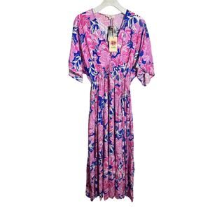Entro Tropical Maxi Dress Women S Pink Blue Vacation Coastal Beach Boho Preppy